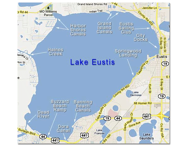 Map Of Lake Eustis In The Harris Chain Of Lakes Central Florida